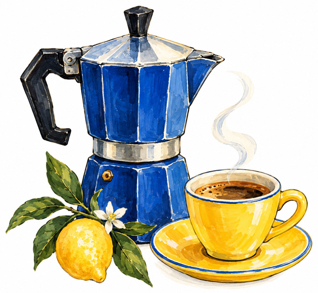 The PDF’s watercolour of a blue moka pot, yellow coffee cup and lemons